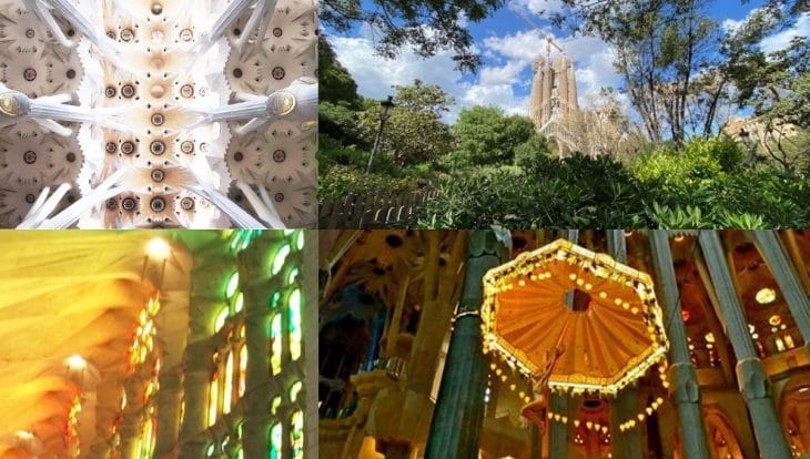Différentes photos de la Sagrada Familia : voûte, extérieur, vitraux, baldaquin