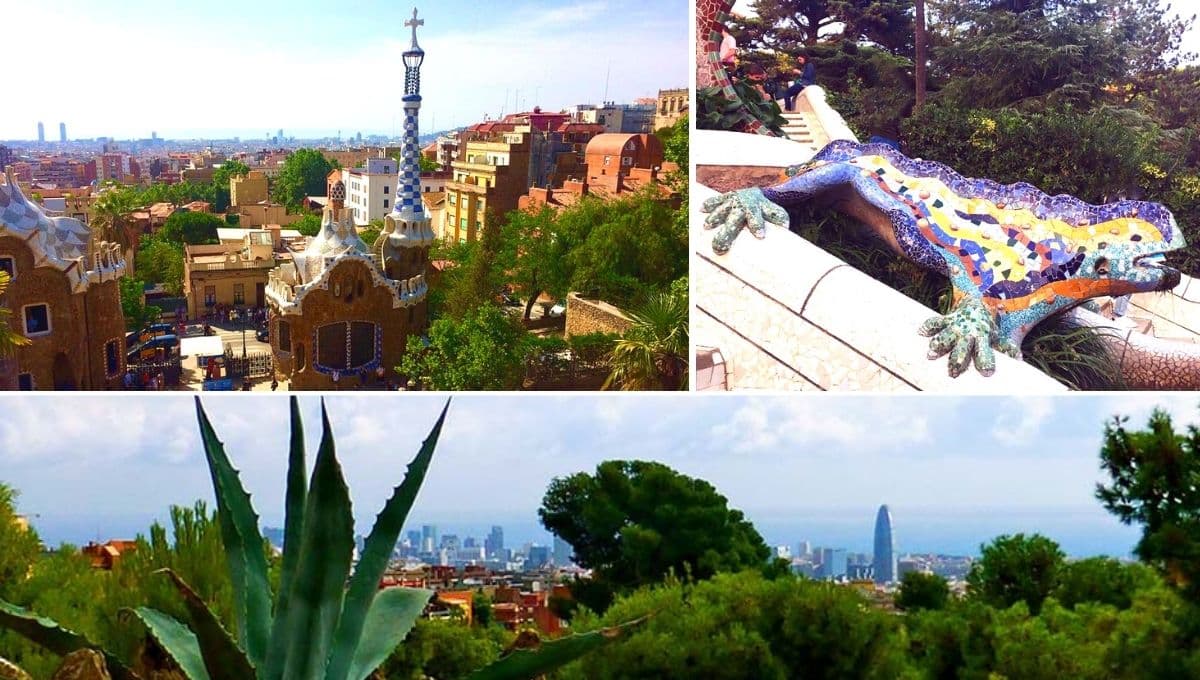 photos du parc Güell maison du gardien salamandre, panorama sur la ville