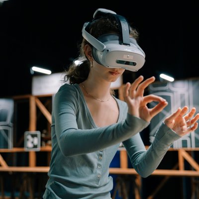 Visiteuse avec un casque de réalité virtuelle à l'expo Codi Gaudí, Barcelone